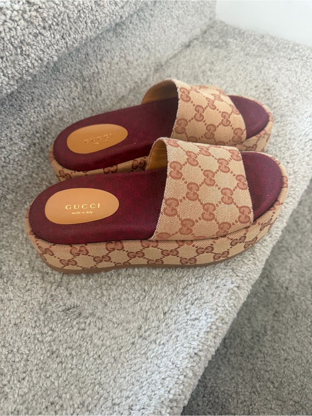 Gucci Beige Monogram Platform Slides with Burgundy Insole